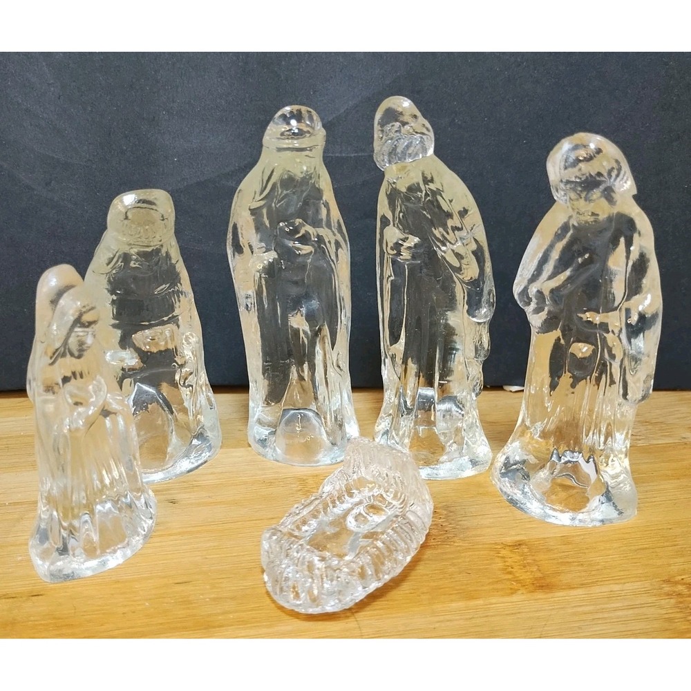Clear Crystal 6 pc Nativity Set Vintage 4" Mary Joseph 3‎ Wise Men Cradle
